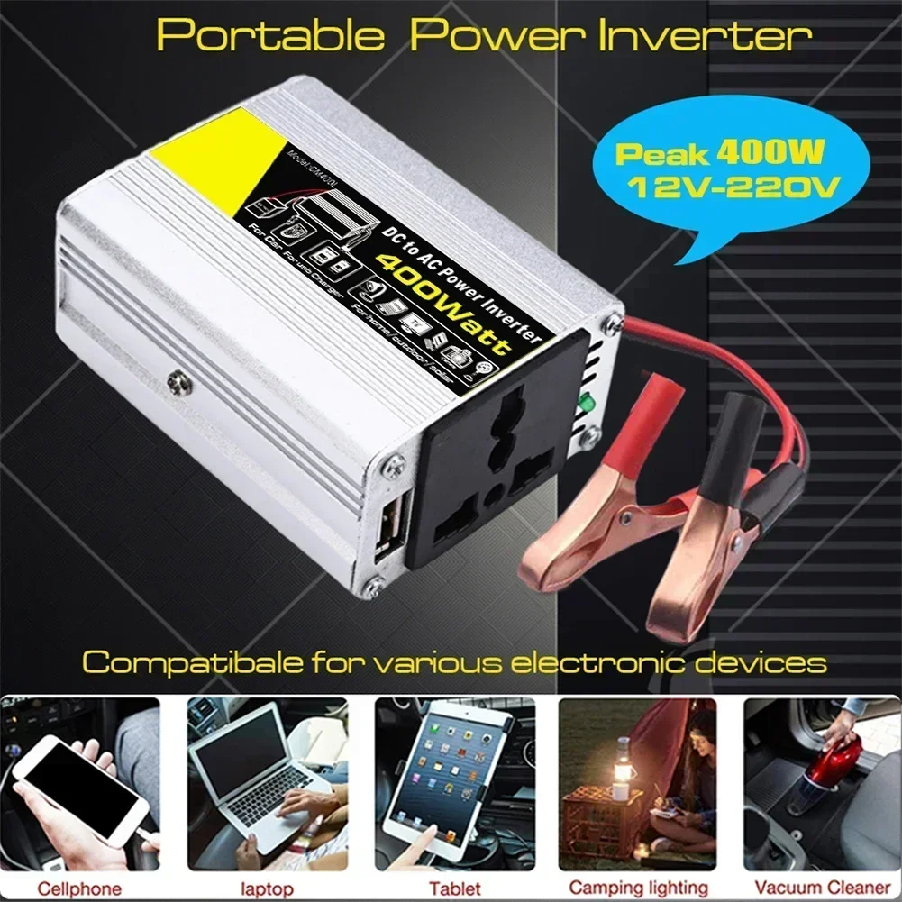 Car Vehicle Power Inverter 400W 12V DC To 220V AC Converter  Easy to Install  Protects Against Overload and Short Circuit