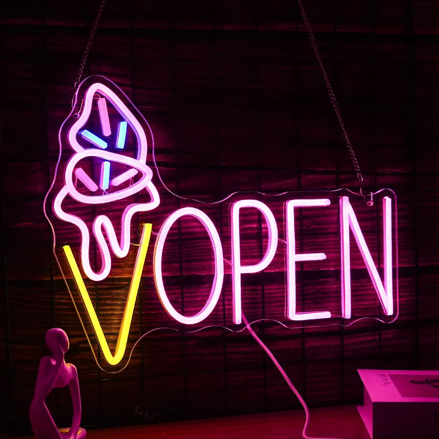 Ice Cream Open Neon Sign LED Light Up Dimmable for Ice Cream Sign for Dessert Shop Cake Shop Home Cafe Decor Girl Birthday Gifts