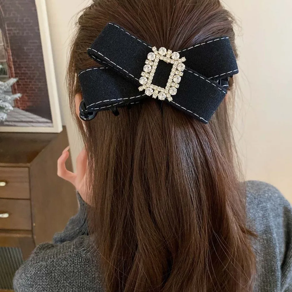 

Elegant Bow Banana Clip Plastic Square Rhinestone Women Vertical Clip Korean Style Multi-layered Ponytail Holder Hair Clip