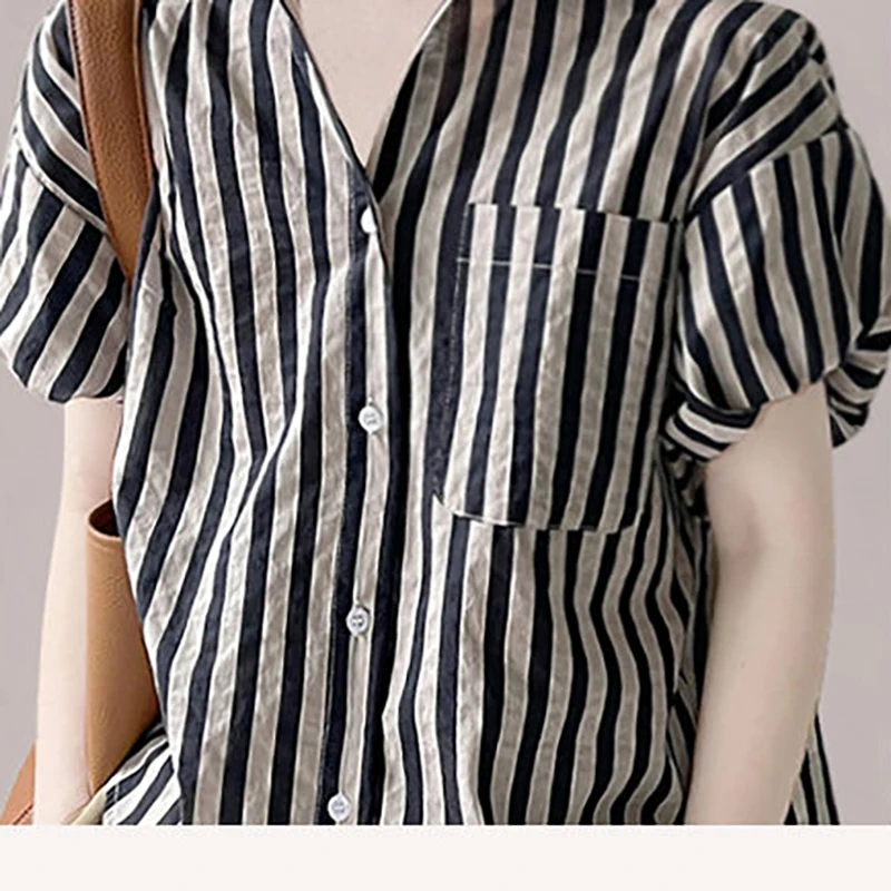 Fashion Lapel Button Printed Striped Lantern Sleeve Shirts Women\'s Clothing 2024 Summer New Loose All-match Tops Casual Shirts