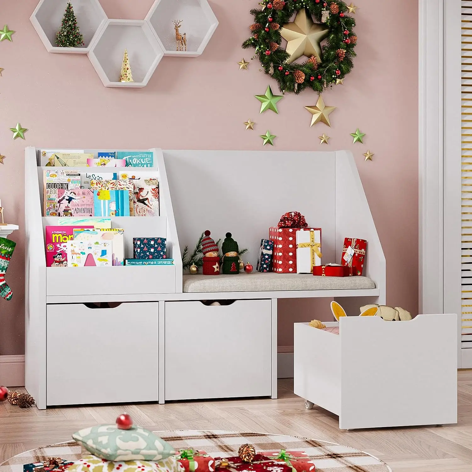 39.4 Inch Kids Bookshelf Reading Nook Toy Storage Bench Three Movable Drawers Books Toys Cushioned Bench Reading Sturdy Wood Rou