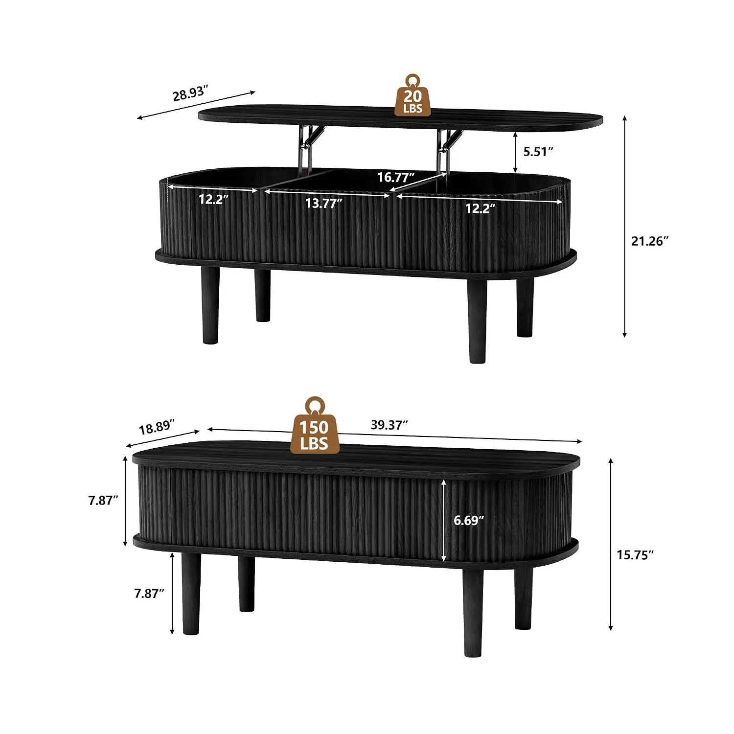 Fluted Lift Top Coffee Table Hidden Compartment Wooden Center Table Modern Oval Tabletop Living Room Office Black, Customized