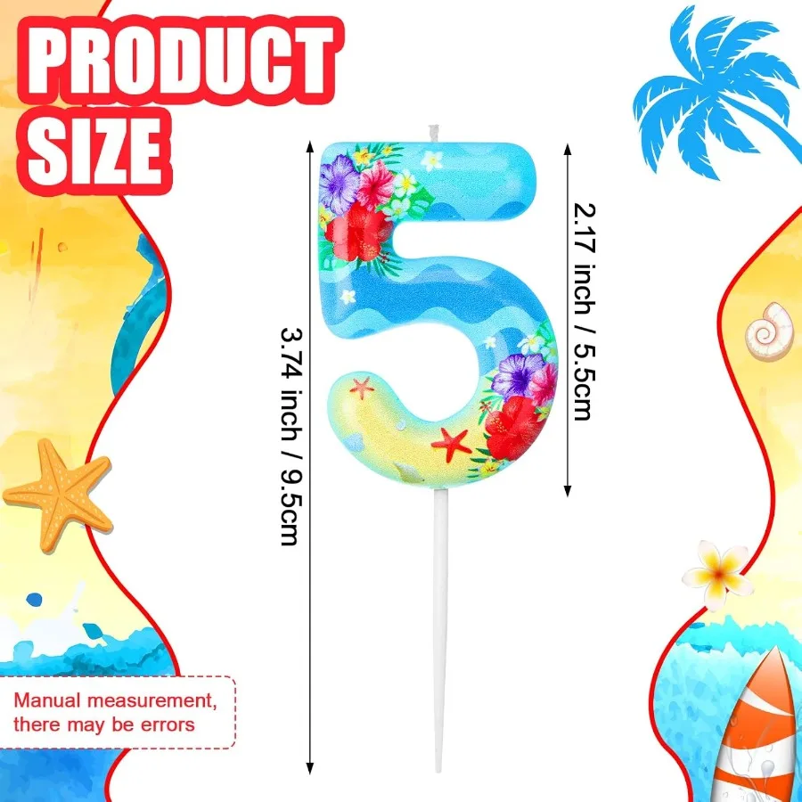 하와이 테마 생일 숫자 양초 소녀들을 위한 바다 생일 파티 양초 열대 케이크 토퍼 오션 테마 장식 블루 루아우