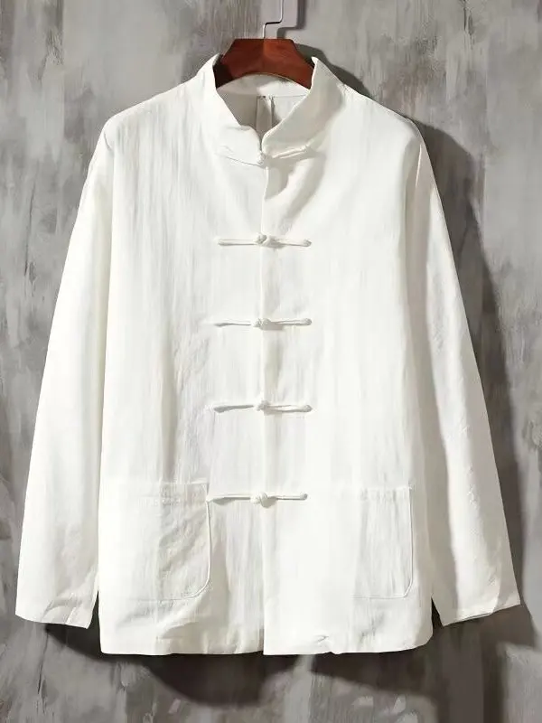 

Trendy Chinese Cotton Linen Long Sleeve Shirt Stand Collar Youth Fashion City Walk Inner Wear Male Model Loose Fit Autumn Wear