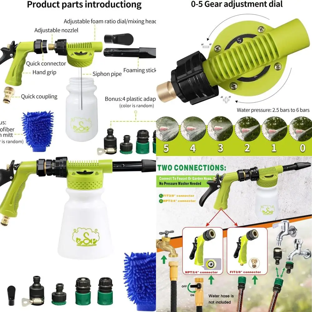 

ESP Car Wash Foam Gun for Garden Hose Adjustable Hose Wash Sprayer Thick Filtration with Metal Handle Washing Mitts 6 Levels of