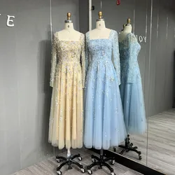 YQLNNE Elegant Arabia Baby Blue Long Sleeves Evening Dresses Square Collar Crystals Beaded Formal Gown Tea-Length