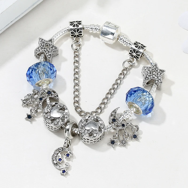 Fashion DIY Shinning Blue Star Moon Bead Snake Chain With Pendnet Explore Nature Style Charm Bracelet Jewelry Gift For Women NEW