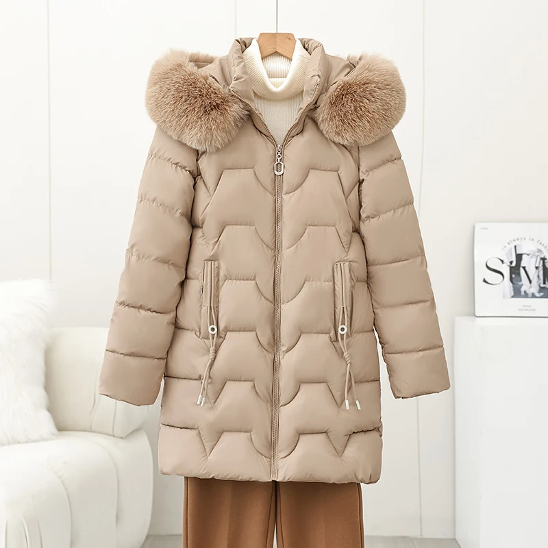

Thiened down Cotton Jaet Women's Coat Detachable Cap Large Fur Collar Mid-Length Winter New Sle Mom's down Cotton Padded