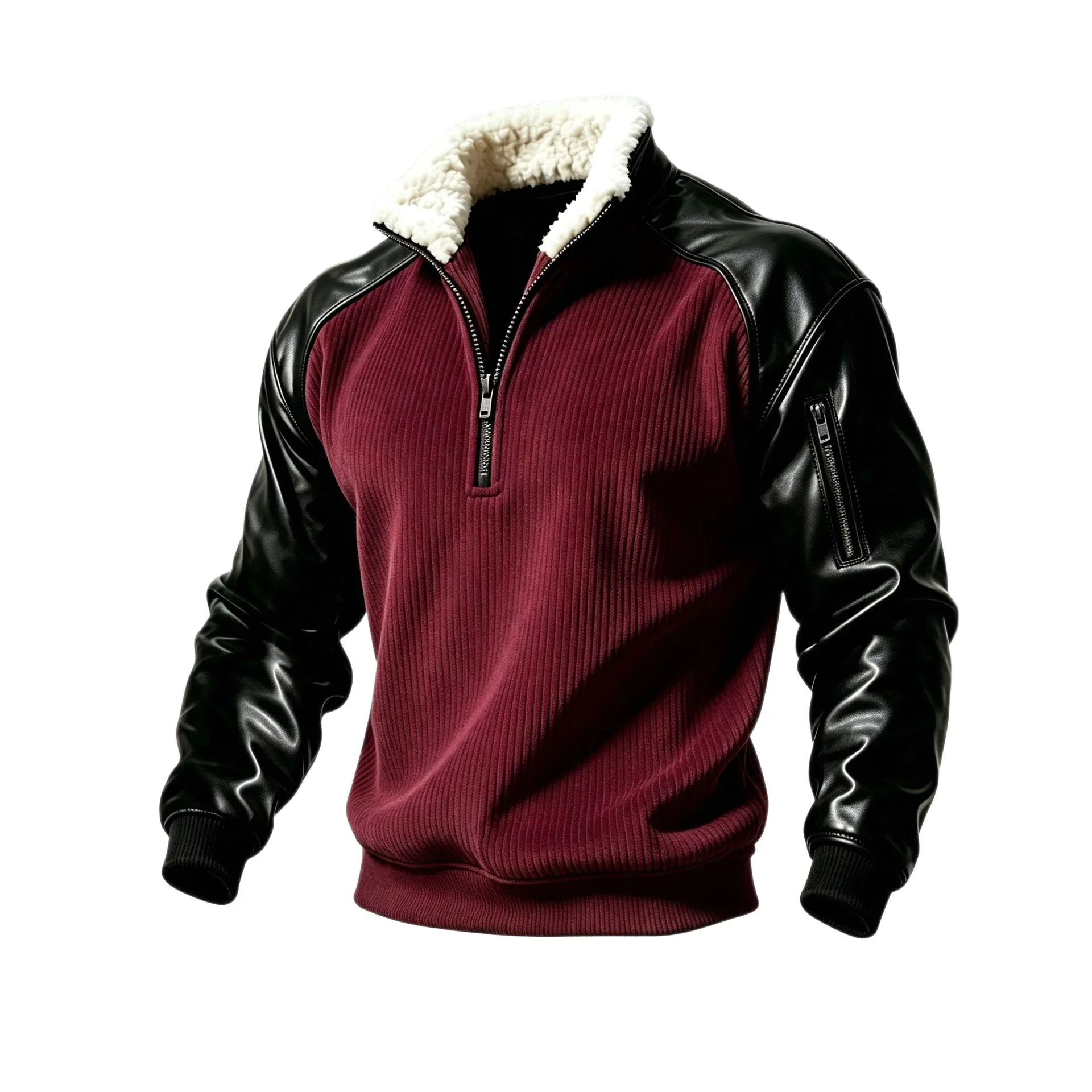 New Men's sweatshirt Fashion spliced PU leather sleeves with velvet stand collar Hoodie  Autumn /Winter warmth Zipper Pullover