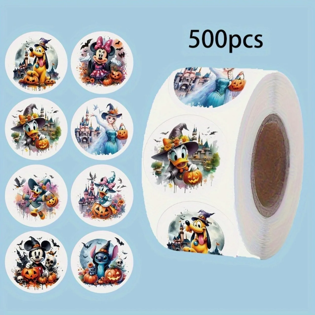 

500pcs/Roll Disney Cartoon Halloween Sealing Stickers DIY PVC Laptop Decals Decoration Reward Gift Toy