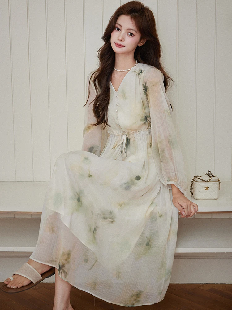 2025年新作プリントダイヤモンドVネックロングドレス レディース エレガントカジュアルホリデードレス 春秋 韓国風ボディコンボウバンデージドレス プロムドレス