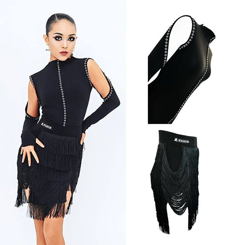 

Одежда для латинских танцев, женские топы с разрезами и рукавами, юбка с бахромой, черное платье для взрослых, румба, самба, танго, танцевальный костюм DNV25924