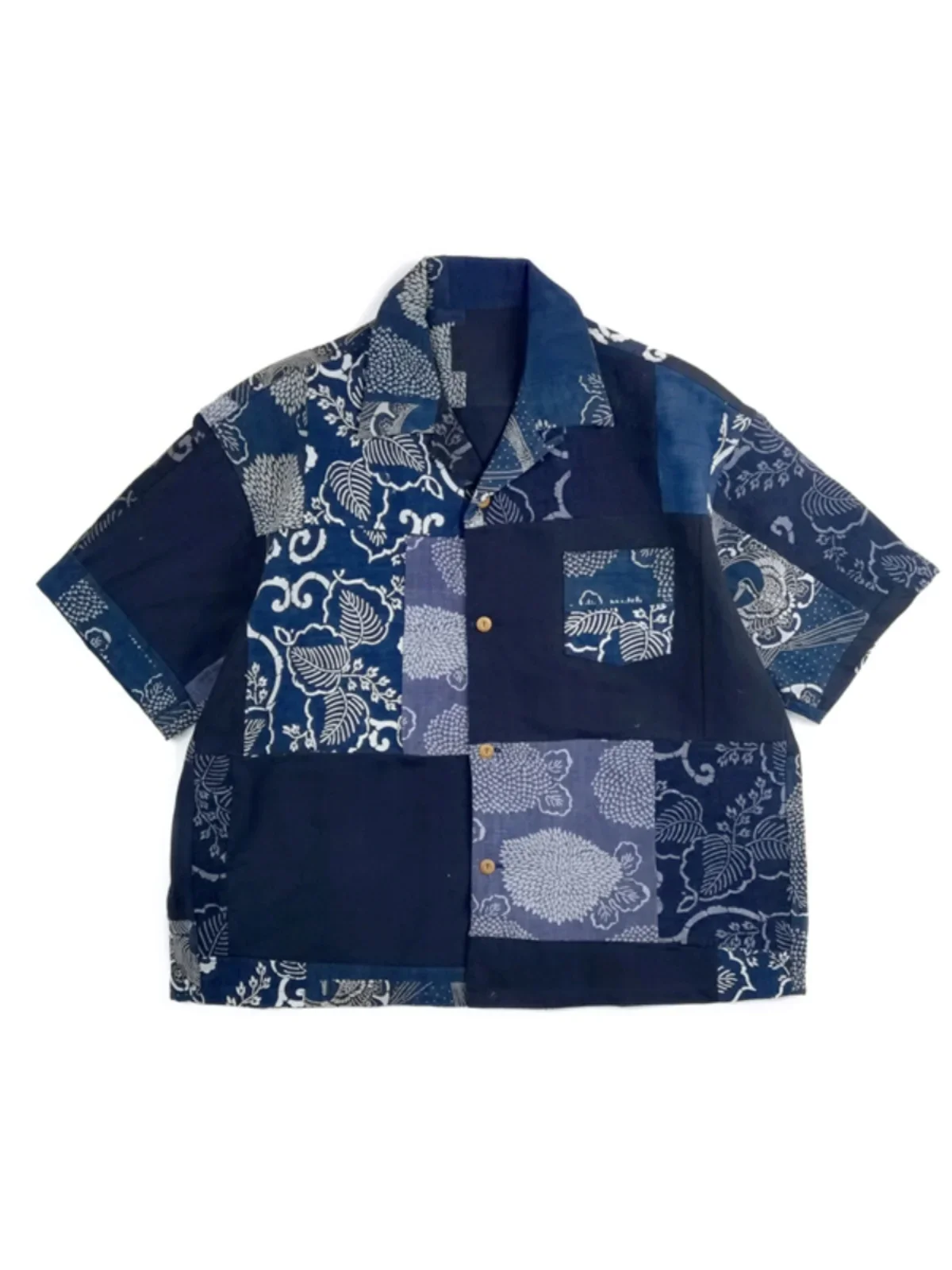 

Loose silhouette retro ancient cloth blue-dyed splicing short-sleeved shirt