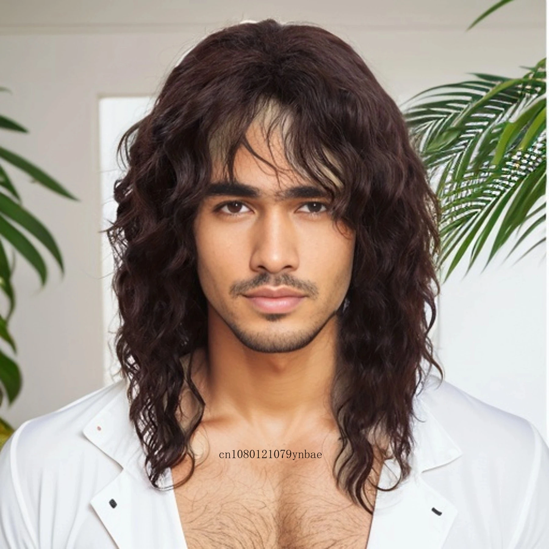 Brown Synthetic Hair Wigs for Men Male Long Wavy Curly Wig with Bang Cosplay 70s 80s Daily Party Fake Afro Hair Replacement Wig