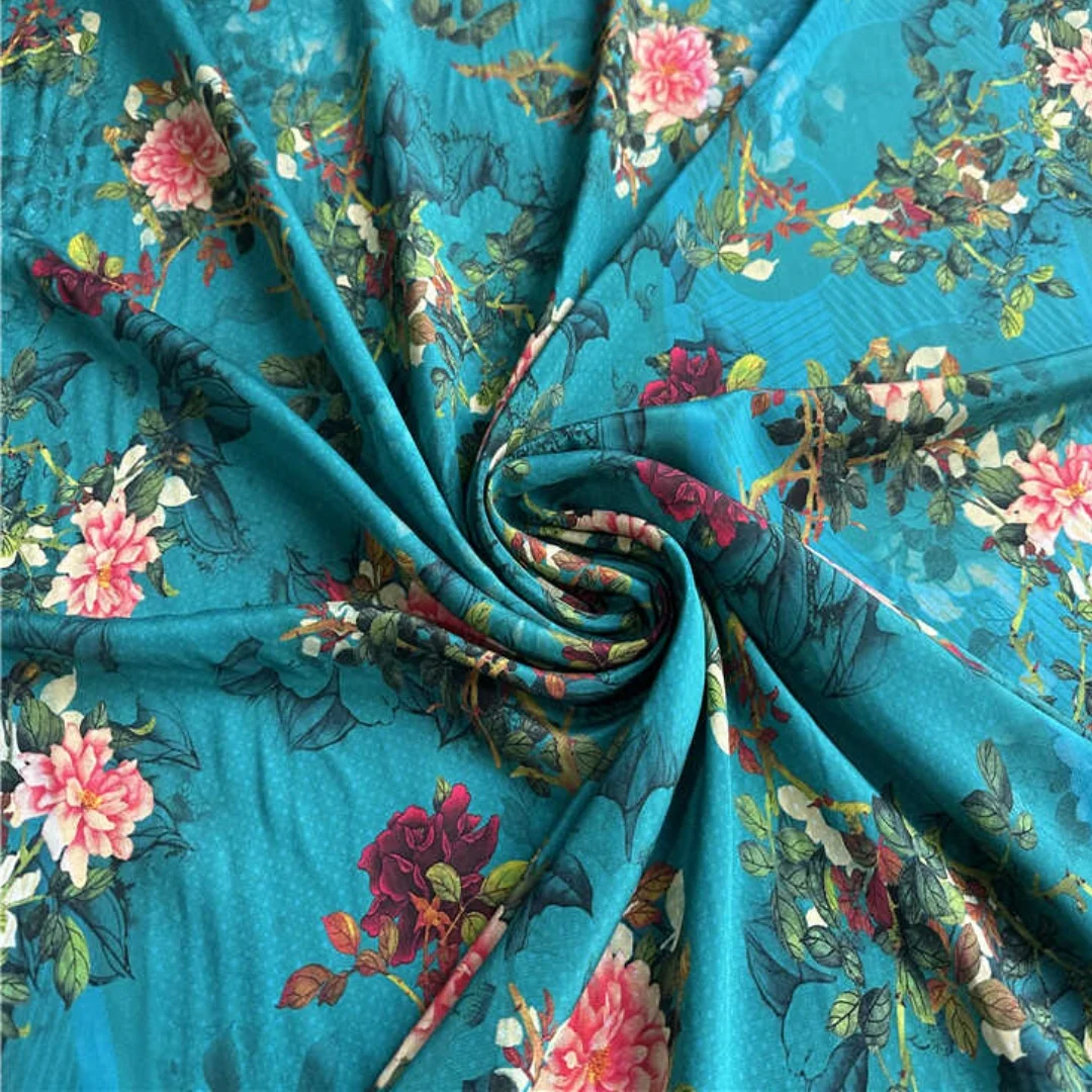 1 meter 100% Mulberry Silk 17 momme Crepe Silk Fabric Peacock Blue Floral Printed 110cm 43