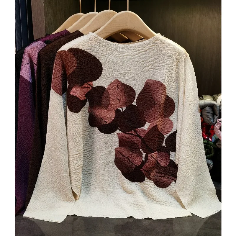 

Miyake 2022, простая футболка с длинными рукавами и принтом листьев, женская новая плиссированная футболка с круглым вырезом и рукавами «летучая мышь», свободные тонкие эластичные топы большого размера