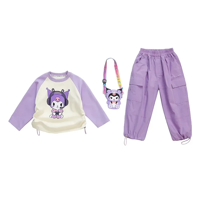 Conjunto de calças Kawaii manga comprida com capuz infantil, camisa de coração feminino, anime Kuromi, desenhos animados fofos, presentes infantis, moda kawaii, Ins