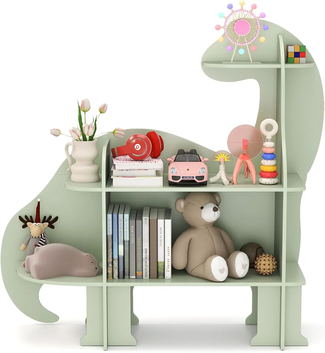رف كتب خشبي من 3 طبقات، خزانة كتب مونتيسوري للأطفال، مساحة تخزين الألعاب، أخضر