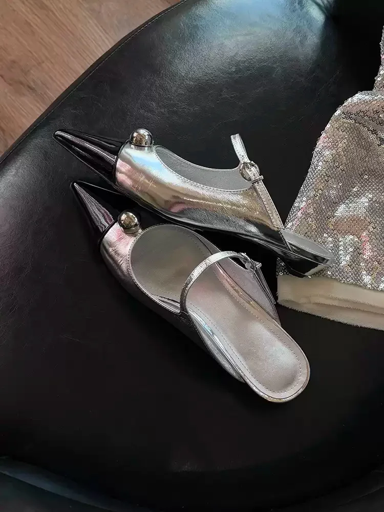 Women's Metallic Silver Slingback Mules Pointed Toe with Metal Stud Accent Adjustable Buckle Low Block Heel Futuristic Footwear