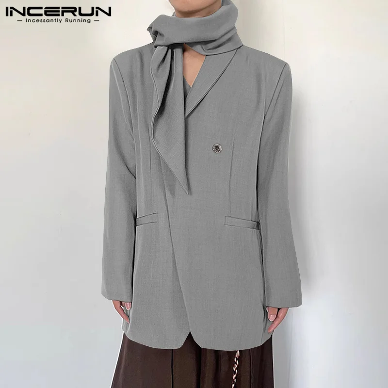 INCERUN Men Blazer Solid Color Lapel Long Sleeve Button Scarf Casual Suits Men Streetwear Autumn 2024 Fashion Thin Coats S-5XL