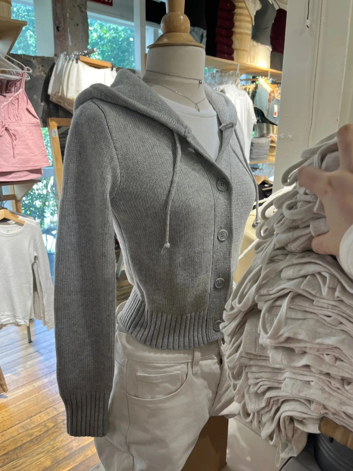 Grey Knitted Cropped Sweater Cardigan Woman Autumn Single Breasted Long Sleeve Drawstring Hooded Slim Crop Top Cotton Sweaters