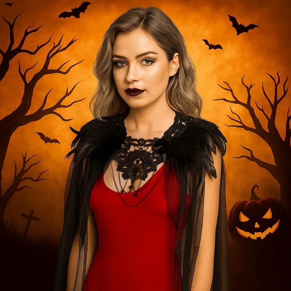 

Fashion Gothic Witch Shawl Feather Funny Halloween Cloak Black Party Tulle Cape Kids