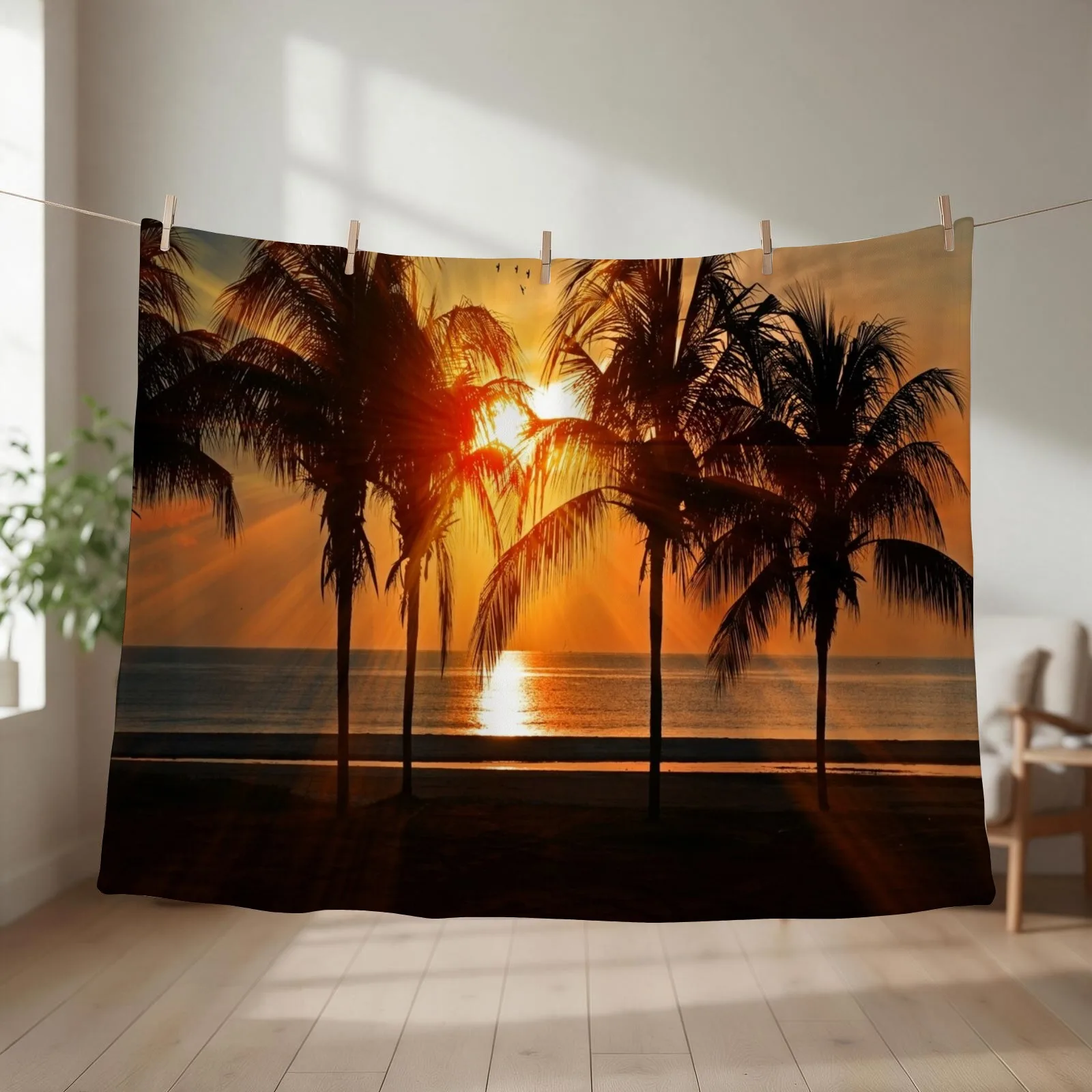 DI COLLECTION-SUNRISE OVER TROPICAL BEACH PALM TREE OCEAN Throw Blanket