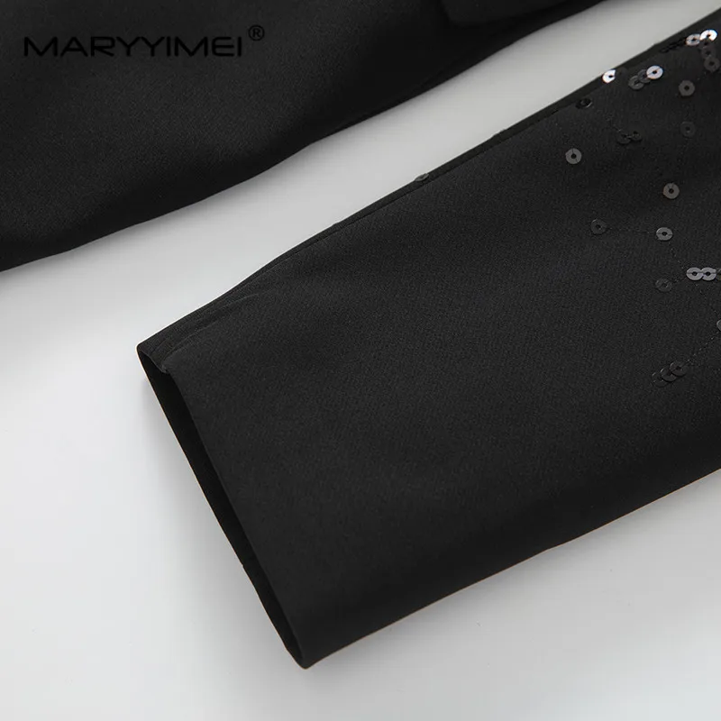 MARYYIMEI Elegant Autumn winter Fashion Coat Women\'s long sleeve Notched Sequins Double breasted Black Daily Basic Long Overcoat