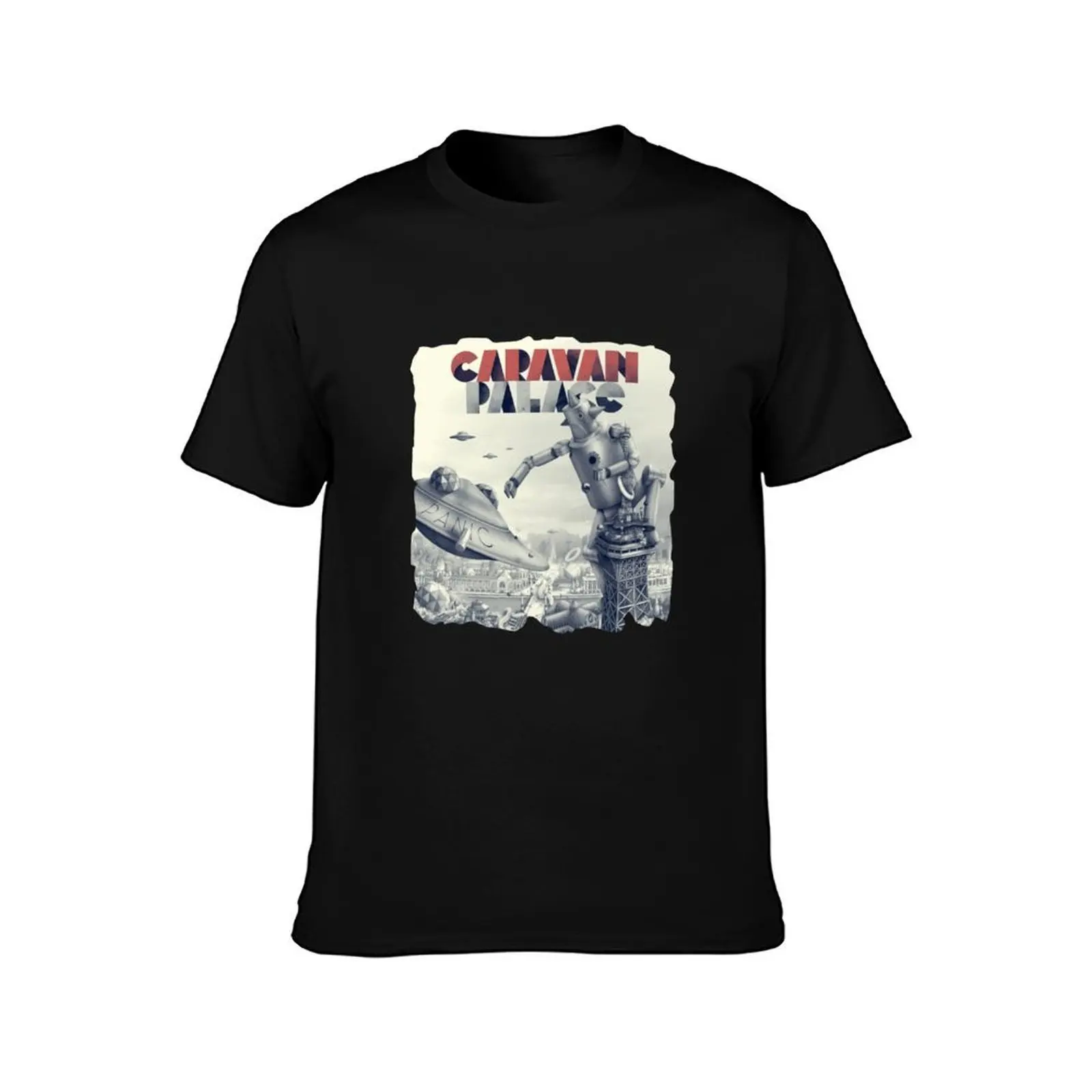 Caravan Palace Panic T-Shirt, Summer Casual Cotton Tee, Oversized Streetwear Tops, Vintage Graphic Print, Loose Fit Short Sleeve