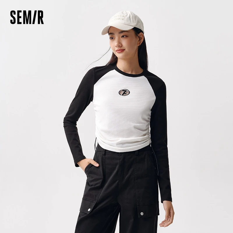 Semir Long Sleeve T-Shirt Women Contrast Color Round-neck Embroidered Drawstring Top Individual Spring Slimming Pullover