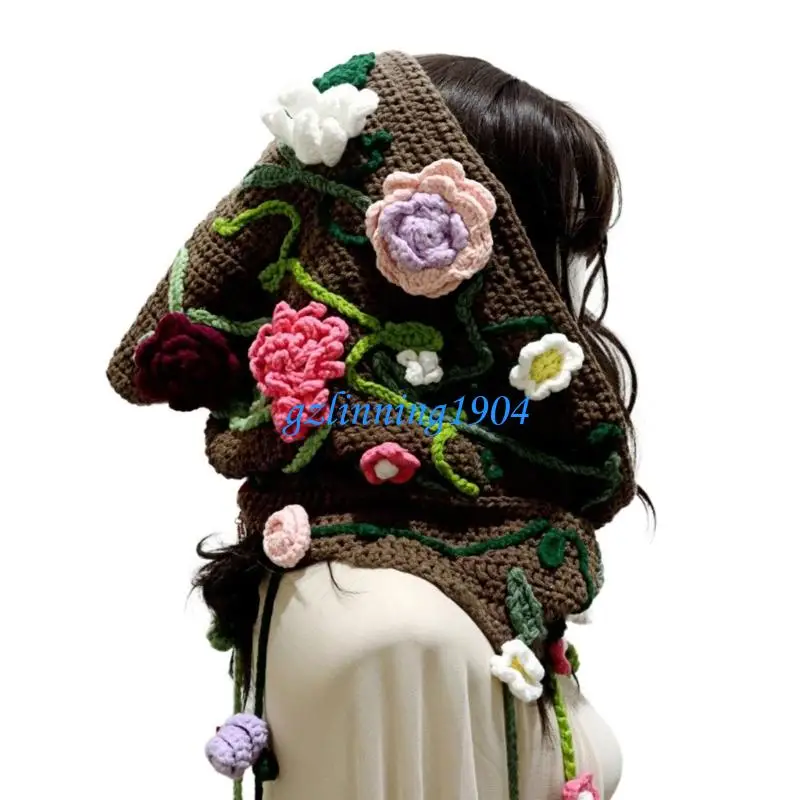 

L5YD Floral Crochet Capelet Hat Handmade Winter Hooded Headgear Knitting Scarf with Tassels for Women Outdoor Activity