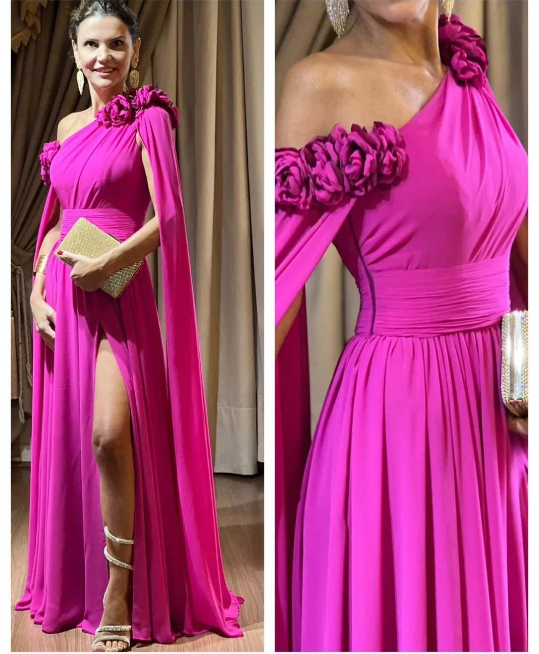 Customized Long Fuchsia Chiffon Mother of the Bride Dresses With Slit Mermaid One Shoulder Floor Length Party Dress for Wedding