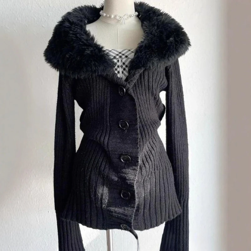 

2025 Winter New Retro Plush Brim Knitted Cardigan American Style Casual Slim Fit Jacket High Street Fashion Sweater Zipper Y2k