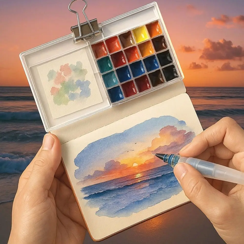 DIY 10/21 Grid Watercolor Paint Palette Foldable Waterproof Paint Pigment Box with Clip Portable Travel Painting Tray Outdoor