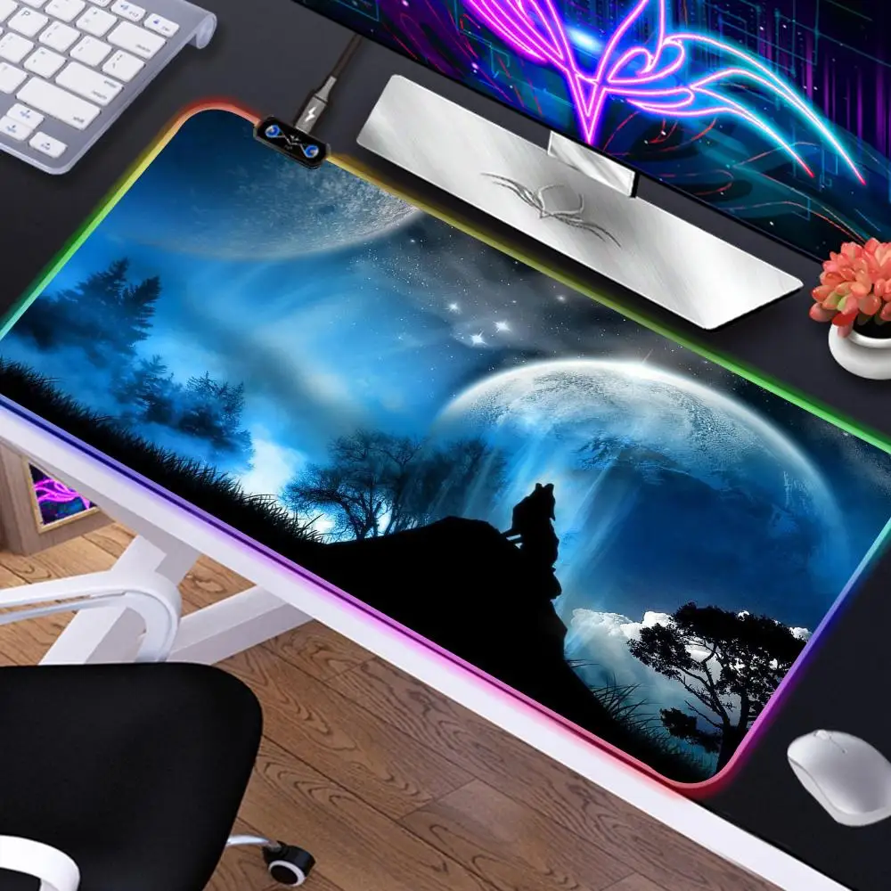 Galaxy Moon Snow Wolf RGB Mouse Pad Desk Mouse Pad Cute HD Desk Pad Extended Gaming Keyboard Mats Large XXL Gamer Mousepad 90x40