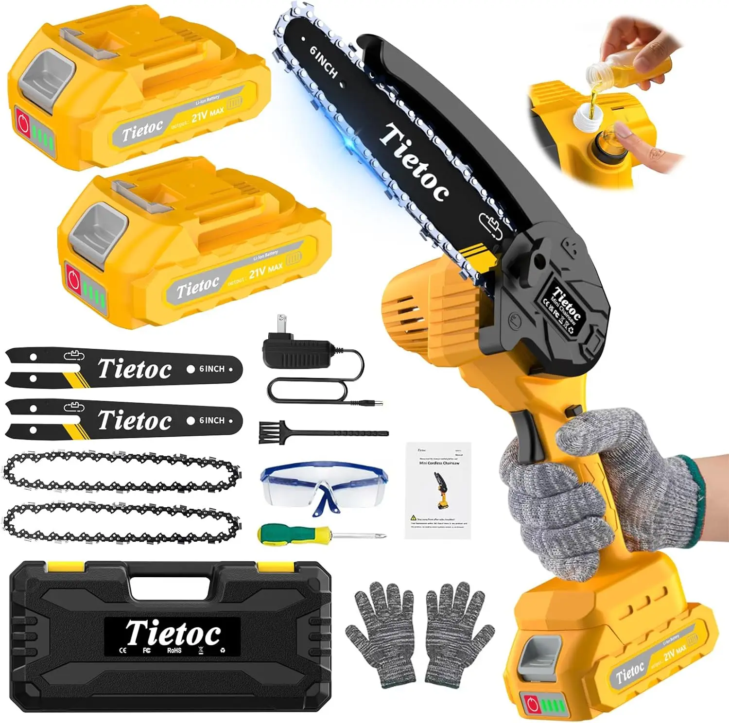 

Беспроводная мини-бензопила, 6-дюймовая электрическая пила с 2 батареями и цепями, автоматическая масленка для обрезки деревьев, резки древесины, садовый инструмент