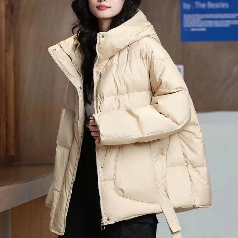 Short Down Jacket for Women, Warm Hooded Coats, Thick and Loose Outerwear, Monochrome, Casual and Fashionable, Winter