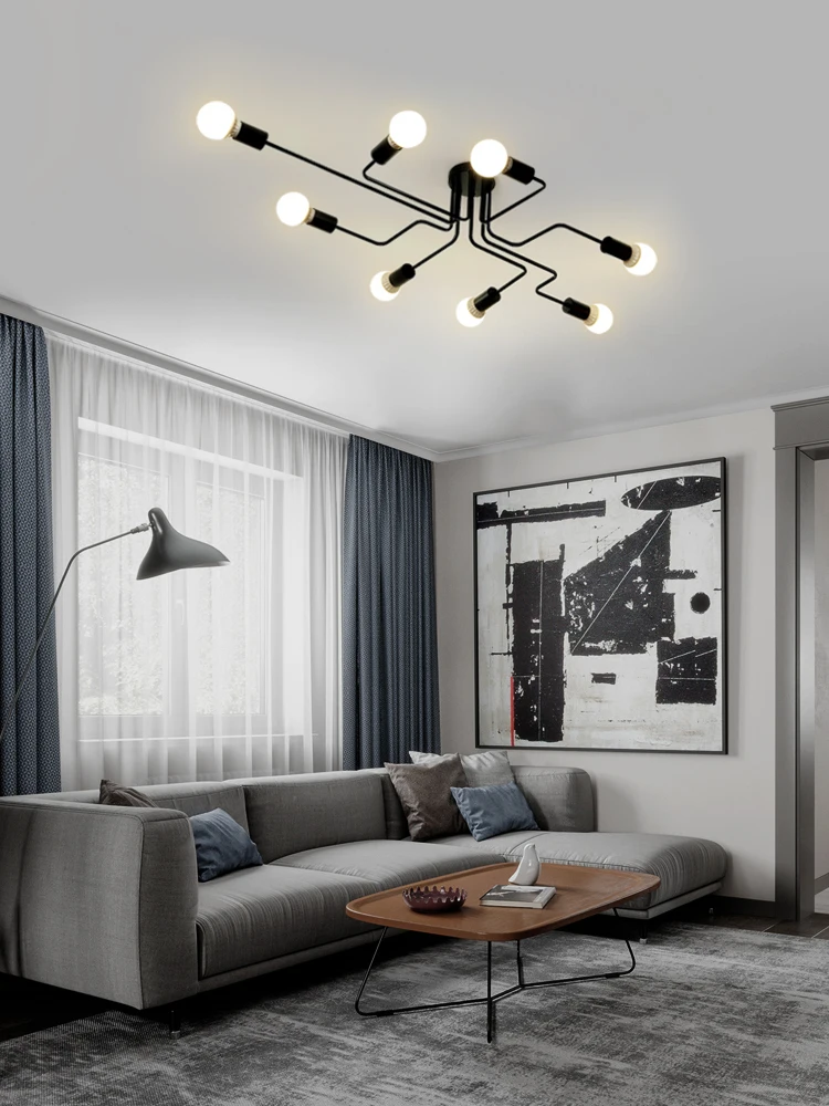 Vintage living room ceiling light, multi pole forged iron bedroom ceiling light, E27 bulb, living room lighting fixture