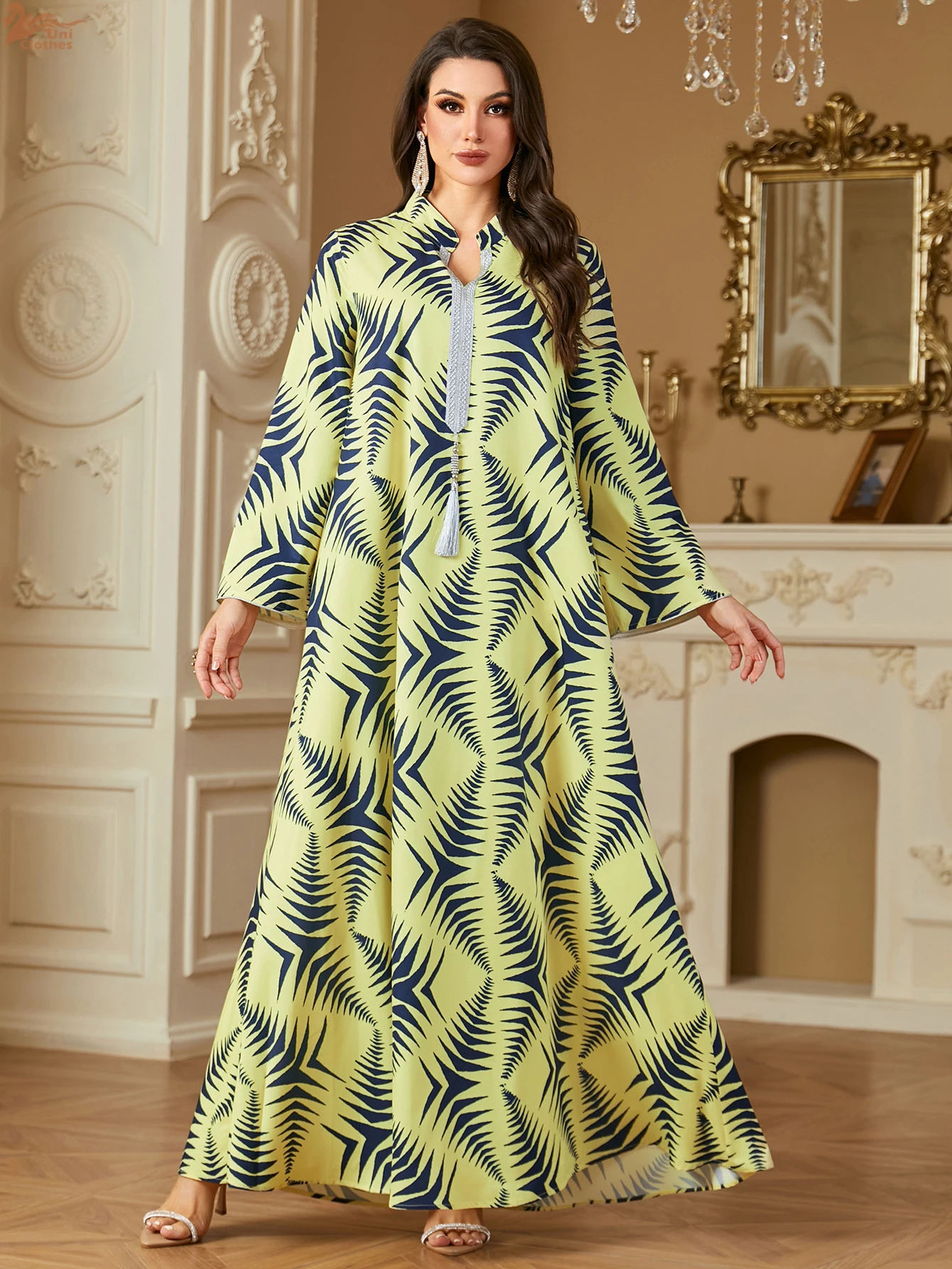Uni ใหม่มุสลิมพิมพ์ลายดอกไม้ Maxi Abaya พู่แขนยาวชุด Caftan Marocain Femme 2025