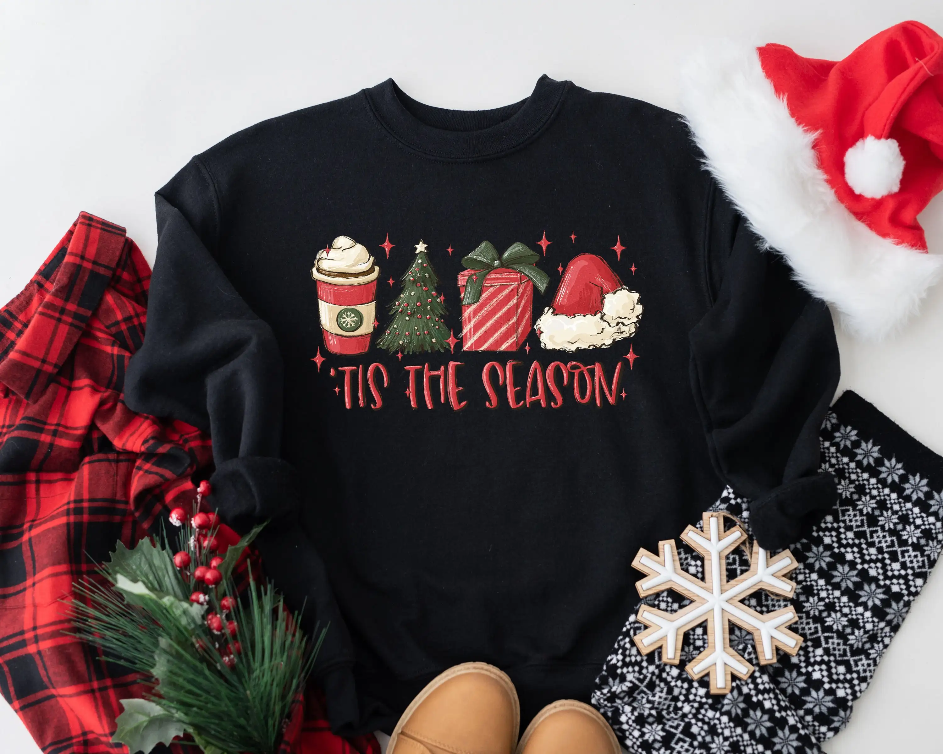 

Tis The Season Female Sweatshirt 2023 Merry Christmas Women Sweater The Cotton Christmas Cup Tree Gift and Hat Girl Clothes