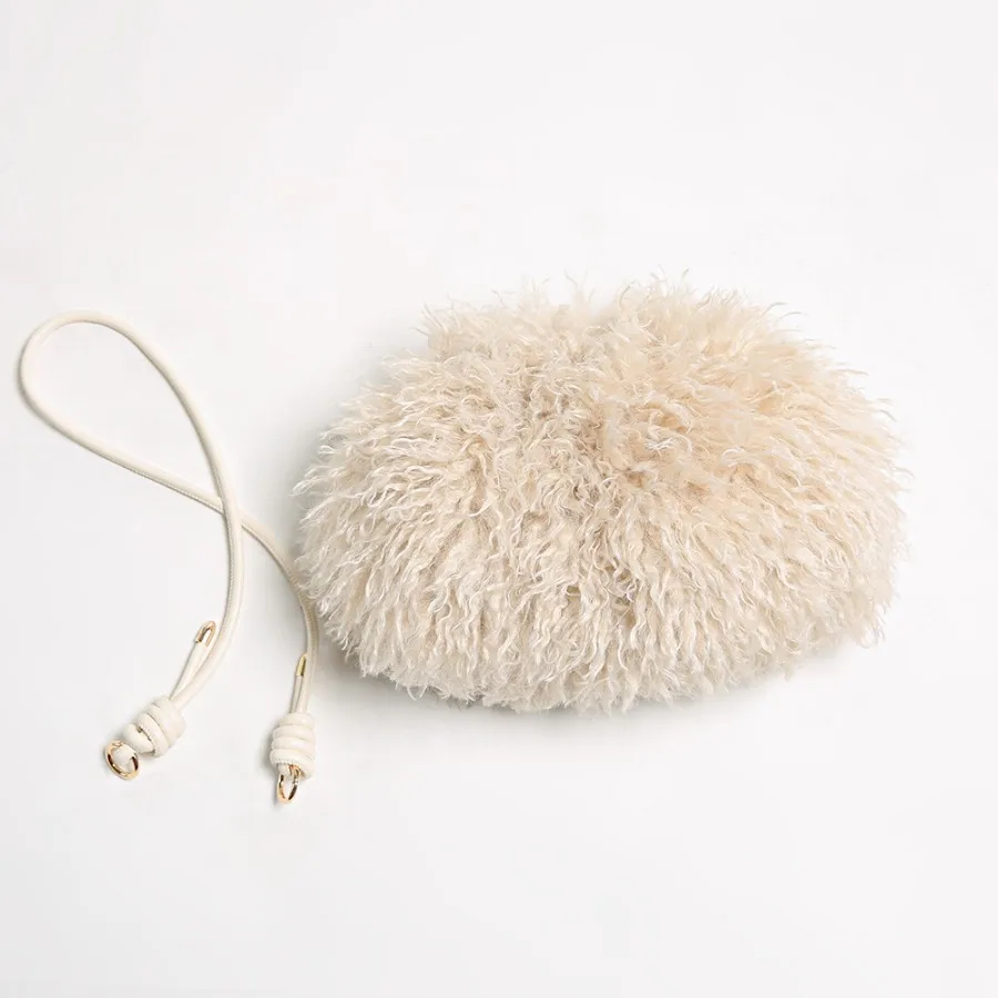 Neo Mint Cute Sweet Girls Pink Fluffy Mongolia Sheep Fur Handbags Women Shoulder Bag Ladies Party Club Luxury Cloud Clutch Bags