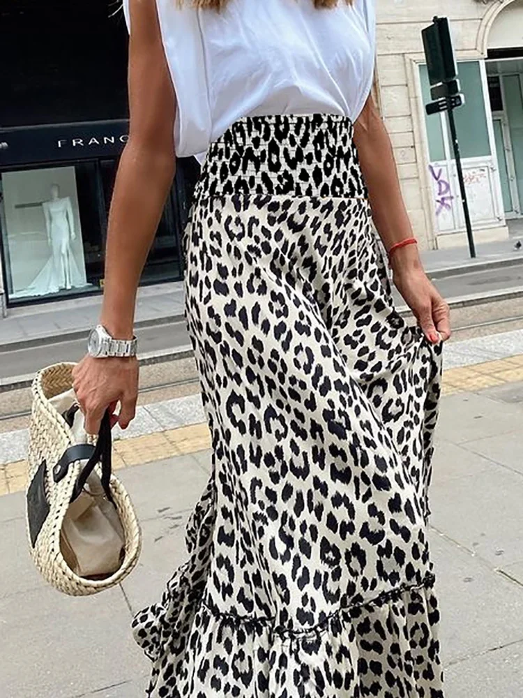 Casual Long Leopard Skirts for Women Vintage 2024 Summer A Line Slim Fitness Skirt Elegant Lady Party Night Skirts Dropshipping