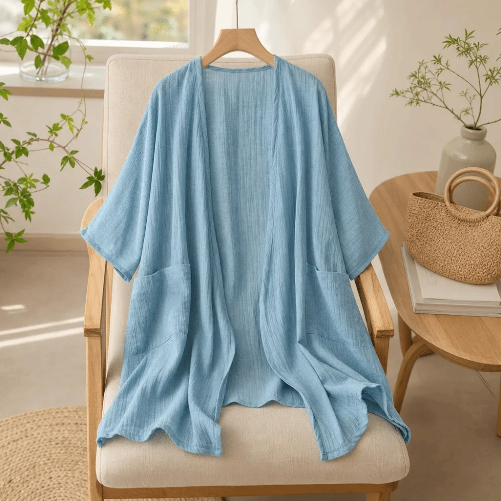 Basic Short Sleeved Linen Cardigan Loose Front Opening Long Shawl Sunscreen Cover Simple Summer Shirt Summer Wear