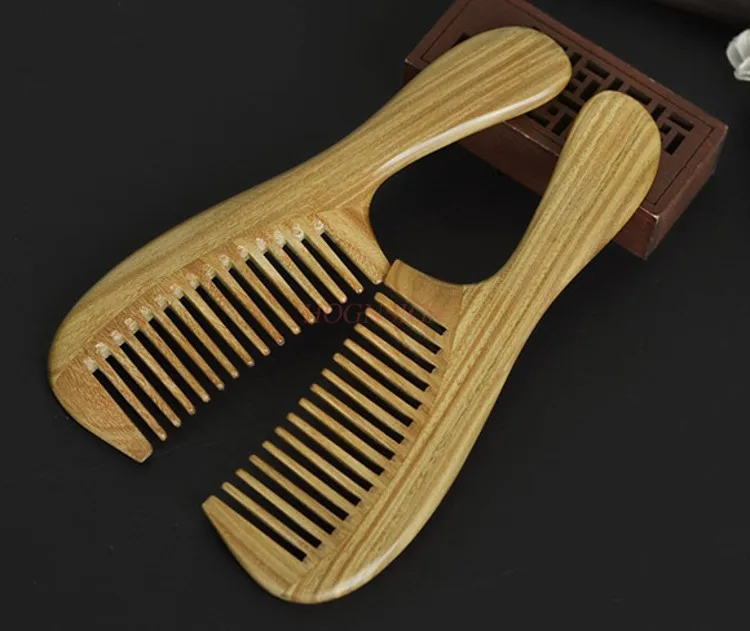 

Hot selling exquisite round long handle green sandalwood comb with natural patterns, massage and hair smoothing comb