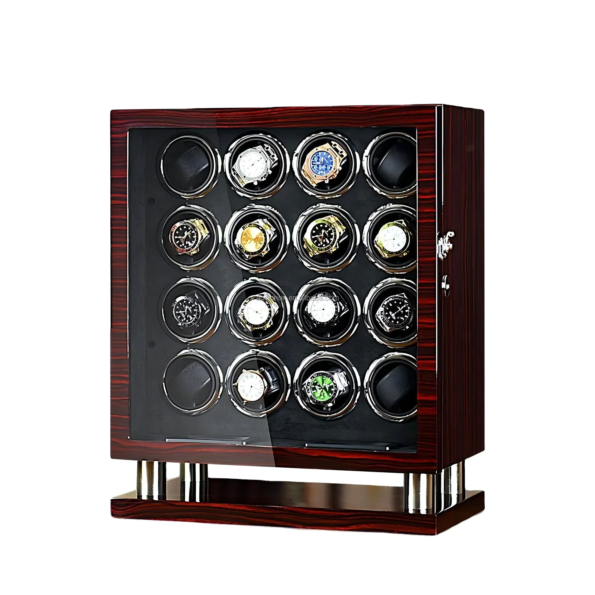 Ebony Watch Winder Box Wooden for 16 Automatic Watches with Base Support 600-2100 TPD Mode LCD Touch Screen Boxy Watch Winder