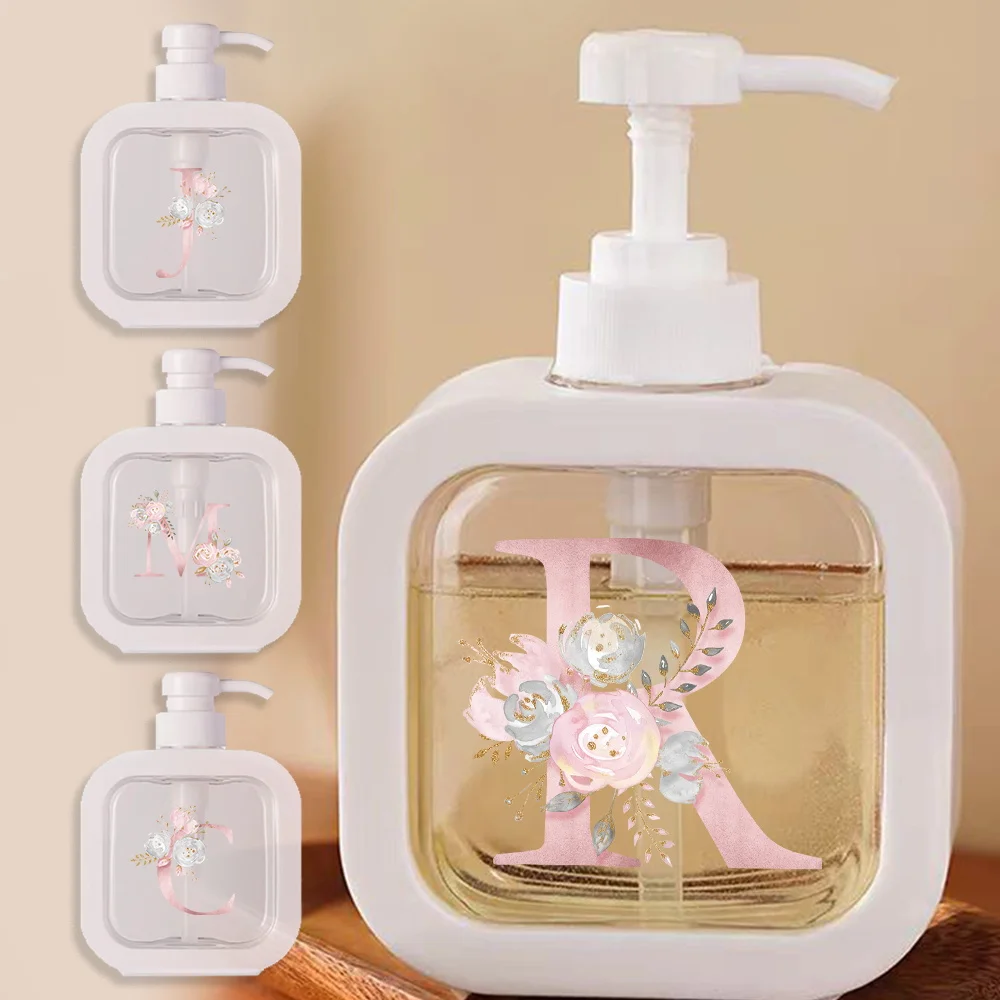 500ml Press Type Lotion Bottle Portable Liquid Lotion Refillable Bottles Shampoo Foam Split Bottle Pink Flower Letter Pattern