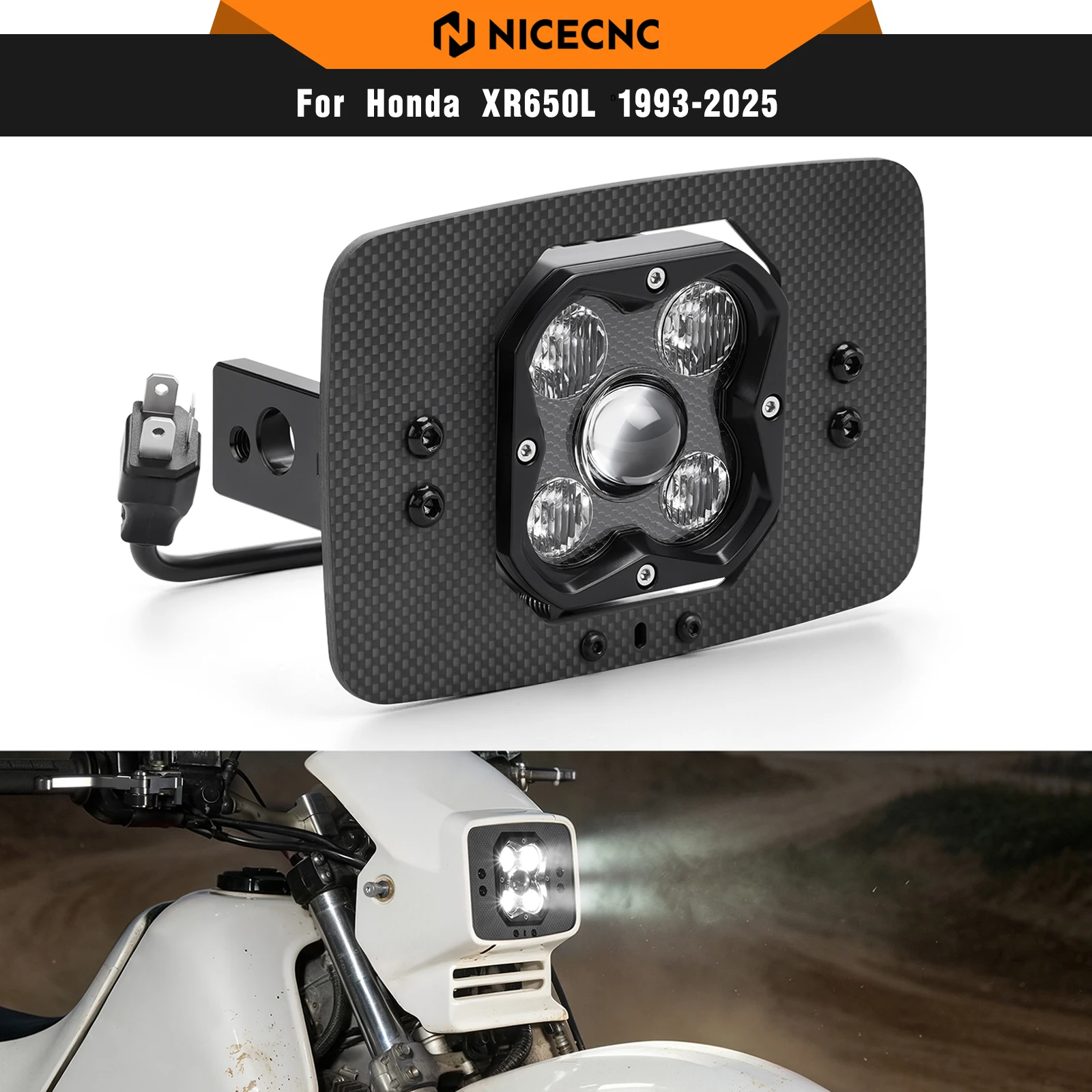 NICECNC For Honda XR650L 1993-2025 Motorcycle Carbon Fiber LED Rally Headlight Adjustable Off-Road Headlamp Plug-and-Play