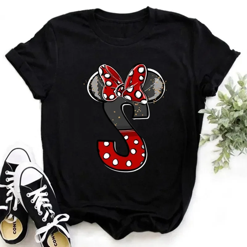 2024 Disney Kids Clothing Minnie Mouse Red Gold Grey Black Glitter Hand-drawn Letters A-Z Print Girls T-shirt Black Y2k Tops