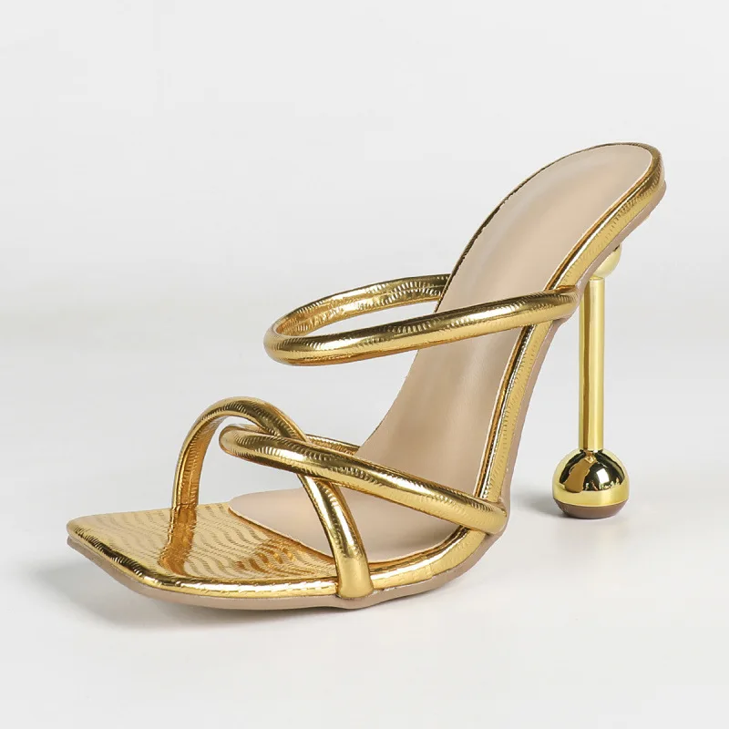 

Women's Sandals Temperament Golden High-heeled Sandals Fashion Square Head Design Open-toed Sandals Stiletto High-heeled Sandal
