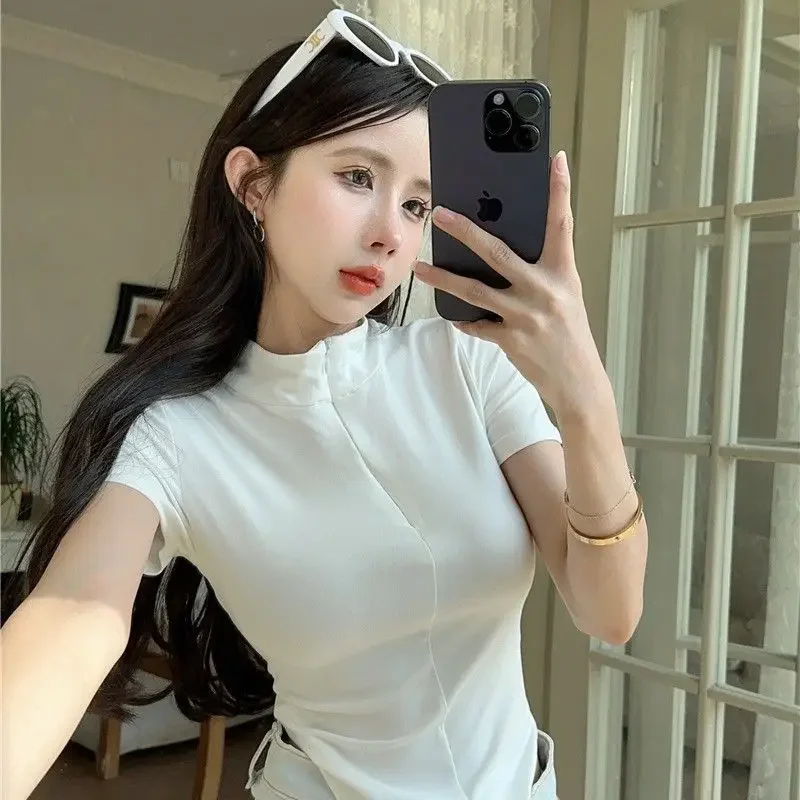 Woman T Shirt 100℅ Cotton Plain Polo Neck Women White Sexy Coquette Clothes Crop Top Women's Clothing Trend 2024 Basic Pretty In